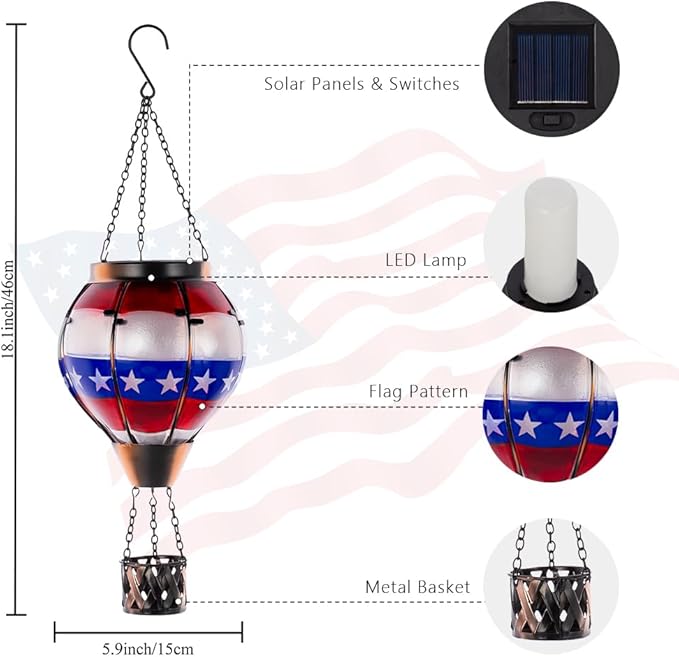 DREAMSOUL Flag Solar Hot Air Balloon Lantern with Flame, Hanging Solar Lanterns Outdoor Waterproof Glass Lantern Flag Day for Patio Decor, Fourth of July Decorations