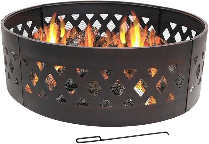 Sunnydaze 36-Inch Outdoor Fire Pit Ring with Poker - Round Heavy-Duty Steel Fire Ring for Camping or Backyard - Crossweave - 12" H