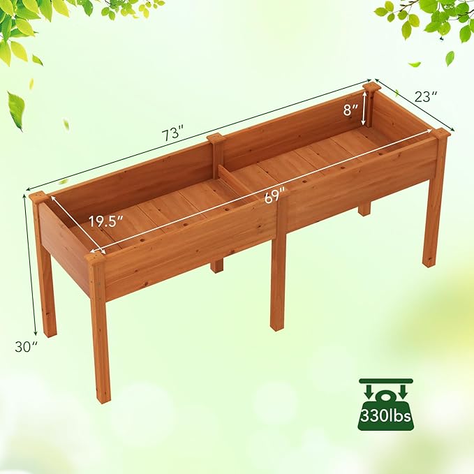 Raised Garden Bed with Legs, Elevated Planter Box with Divider & 8 Drainage Holes, Fir Wood Garden Box for Vegetables, Flowers, Fruits & Herbs (Brown Yellow)