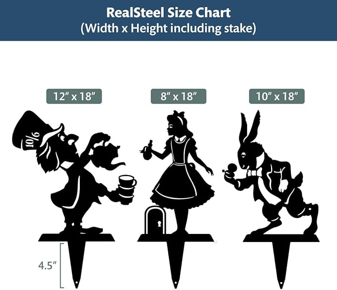 Alice in Wonderland Garden Stakes – Set of 3 | RealSteel Original Outdoor Yard Art Featuring Alice, White Rabbit & Mad Hatter | Rust-Resistant, American-Made Metal Décor | Rust Finish