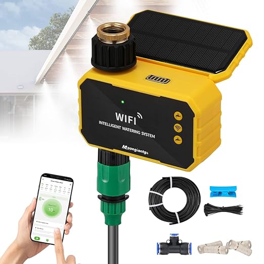Moongiantgo Outdoor Misting Cooling System with Solar WiFi Water Timer, Misters for Outside Patio with 65.5FT(20M) Water Pipe+20 Misting Nozzles 0.02’’, Mister System for Outside Patio Garden Beaches