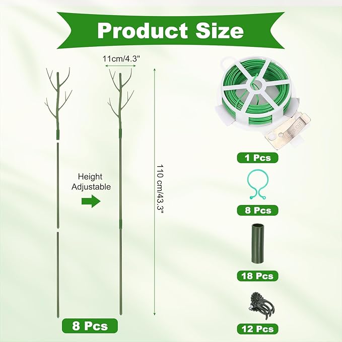 uxcell Plant Support Stakes Set, 8 Pcs Twig Plant Stem Support Structures 43.3" Plants Branches Supports with Extension Poles, Orchid Clips, Plants Tie for House Potted Monstera, Green