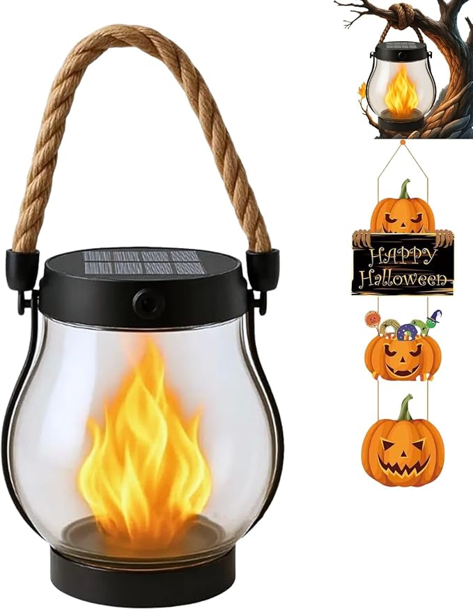 Solar Lantern Outdoor Lights, Flickering LED with Hemp Rope Handle, Dual Charging (Solar & USB), Water-Resistant Hanging Decor for Garden, Yard, Patio, Porch, Pathway, Camping (1)