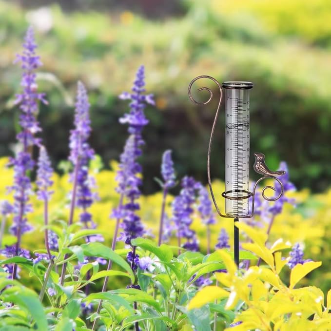 Rain Gauge Outdoor,7" Glass Rain Gauge with Metal Stake, Decorative Bird Rain Gauge for Yard Garden Lawn Decor
