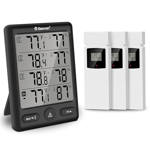Geevon Indoor Outdoor Thermometer Wireless with 3 Remote Sensors, Digital Hygrometer Thermometer, Wireless Temperature Humidity Monitor Gauge with 200FT/60M Range (Black)