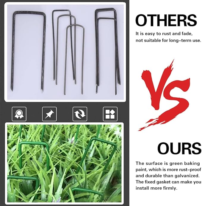 Bakulyor 50pcs Green Artificial Turf Stakes Staples + 50pcs Buffer Washer, 6 Inch 11 Gauge Landscape Staples, Galvanized Lawn Spikes, Heavy Duty Yard Ground Pin for Grass Weed Barrier Sod Fabric