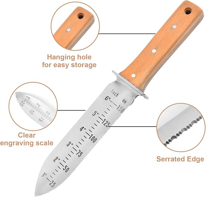Garden Shovel Saw,Multifunctional Manual Weeding Tool for Weeding,Digging,Pruning,Cultivating, 7" Stainless Steel Blade with Sheath, Full-Tang Wood Handle with Hanging Hole (Beige)