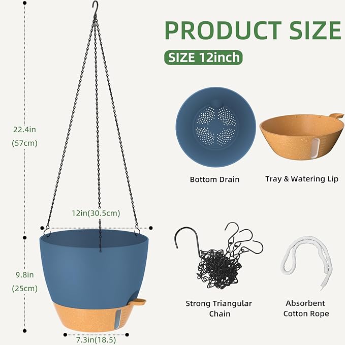 ZMTECH 12 Inch Hanging Planters for Indoor Plants & Outdoor - 2 Pack Self-Watering Hanging Pots with Drainage Holes, Visual Reservoir, Plastic Hanging Baskets Flower Pots with Removable Saucer, Blue