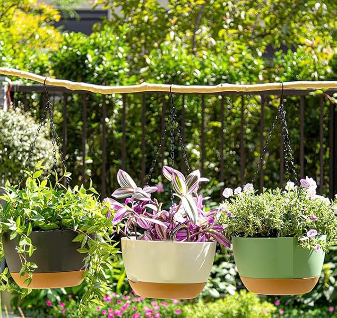 2 Pack 10 Inch Hanging Planters for Indoor Outdoor Plants, Plastic Hanging Basket Flower Plant Pots, Plant Self Watering Pot with Drainage Holes and Saucers for Garden Home (Green)
