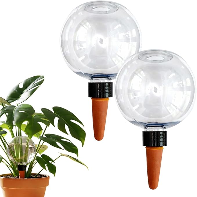 Self-Watering Globes for Indoor Plants, Clear Glass Automatic Watering Planter Insert, Self-Watering System Spikes for Release Terracotta Planter, Watering Bulbs with Slow Release (2PCS)