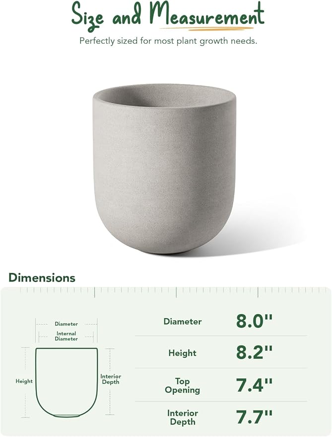 LE TAUCI 8 Inch Plant Pot, Ceramic Pot with Drainage Hole & Rubber Plug, Indoor Planter for Herbs & Small Houseplants, Cylinder Planter for Home Office, Neutral Gray