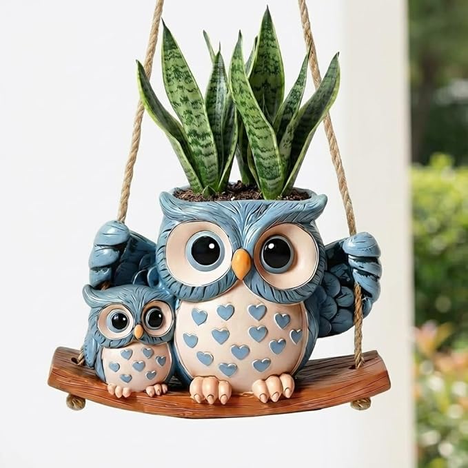 Swing Owl Hanging Planter for Indoor Plants, Cute Small Succulent Pot with Drainage Hole, Unique Resin Hanging Plant Hangers for Outdoor Decor, Plant Holder for String of Pearls, Gift Ideas for Mom