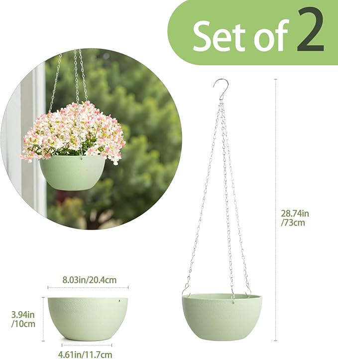 XXXFLOWER Hanging Planters 2 Pack Hanging Baskets Plastic Flower Pot with Drainage Hole & Chain & Hook,Hanging Flower Baskets for Indoor and Outdoor Plants,Home Wall Boho Decor（Green）