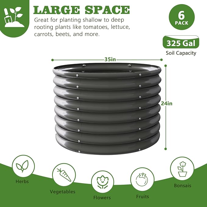 A ANLEOLIFE 6-Pack 3ft x 24” Tall Galvanized Raised Garden Beds Outdoor, Round Metal Planter Box for Planting Vegetables Flowers Herb, Anti-Rust & Easy-Setup, Quartz Grey
