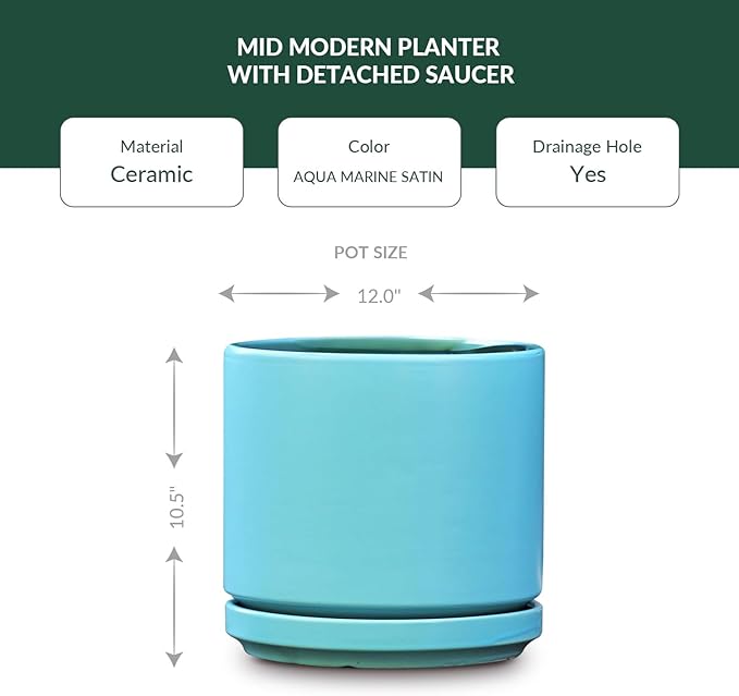 PLANTATOREM Ceramic 12 Inch Mid Modern Planter Pot with Drainage Hole and Saucer, Indoor Cylinder Round Flower Pot, Perfect for Planting Succulents, Herbs, Flowers, House Plants, Aqua Marine Satin