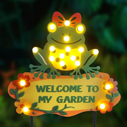 Frog Solar Lights Outdoor Garden 43.7" with 18 Bulbs Solar Powered String Lights, Large Welcome to My Garden Green Yard Stakes for Pathway, Lawn, Patio, Outdoor Decor