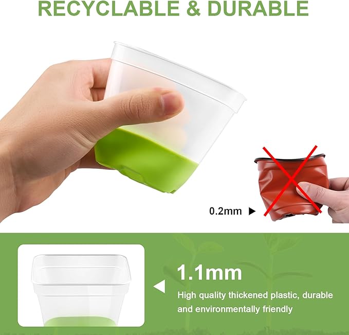 24 Pack 3 Inch Square Plastic Nursery Pots, Clear Plant Pot with Soft Silicone Base for Easy Transplant, Flower Pots with Drainage Holes, Reusable Seedling Pots