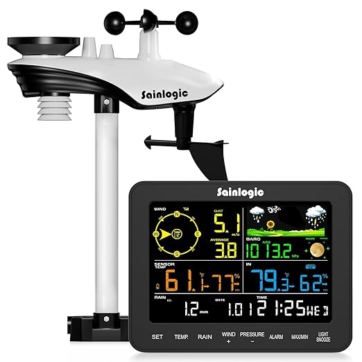Sainlogic Weather Stations Wireless Indoor Outdoor SA6, Weather Station with Rain Gauge and Wind Speed, Weather Forecast, Temperature, Air Pressure, Humidity, Moon Phase, Alarm Clock(No WiFi)