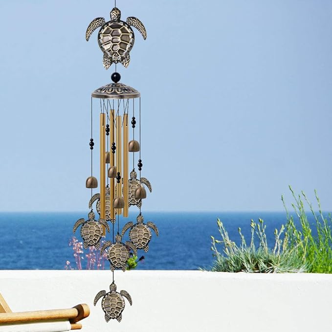 Garden Sea Turtle Wind Chimes Outdoor Decor - with 4 Tubes 6 Bells 7 Turtles Mobile Romantic Wind Catcher, Tortoise Wind Chime for Home, Xmas Mom Gifts, Festival, Balcony, Tree, Garden Decoration