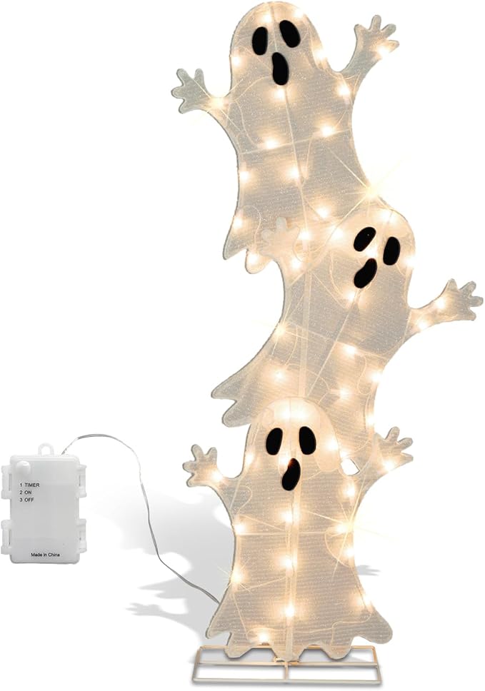 Halloween Lighted 3 Stacked Ghosts, 42’’ H Pre-Lit Lighted Ghosts with 50 Warm White Lights, Light Up Halloween Ghost Decoration for Indoor, Outdoor, Porch, Yard, Holiday Decor