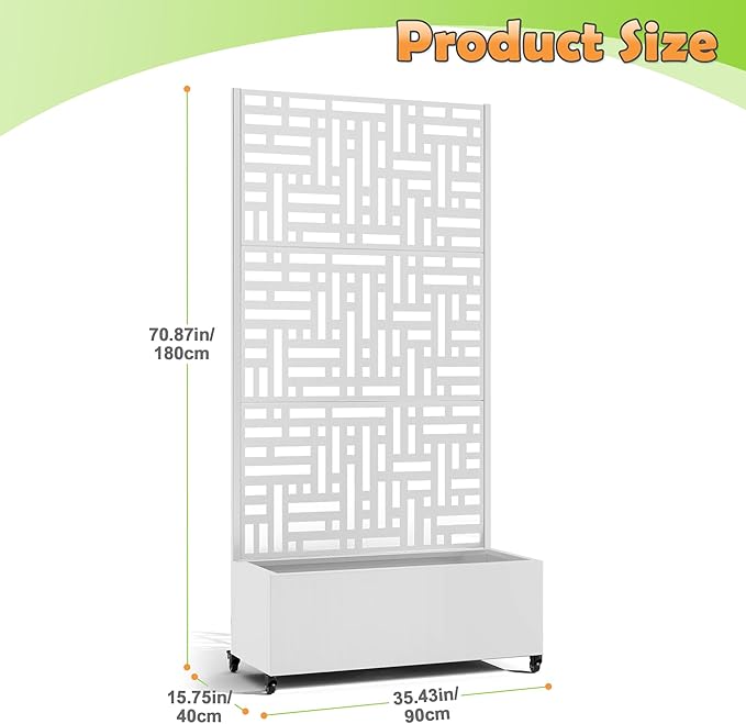 Metal Raised Garden Bed with Trellis, 2-in-1 Planter Box & Privacy Screen for Climbing Plants, Outdoor Standing Flower Bed with Drainage Holes, 35.4" L x 15.7" W x 70.1" H, White-Helen