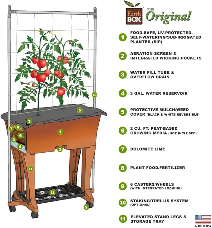 EarthBox Raised Garden Bed with Legs – Elevated Self Watering Planter Box with Wheels, Storage Shelf, Premium Plant Food, Easy Assembly, Made in USA, Sage