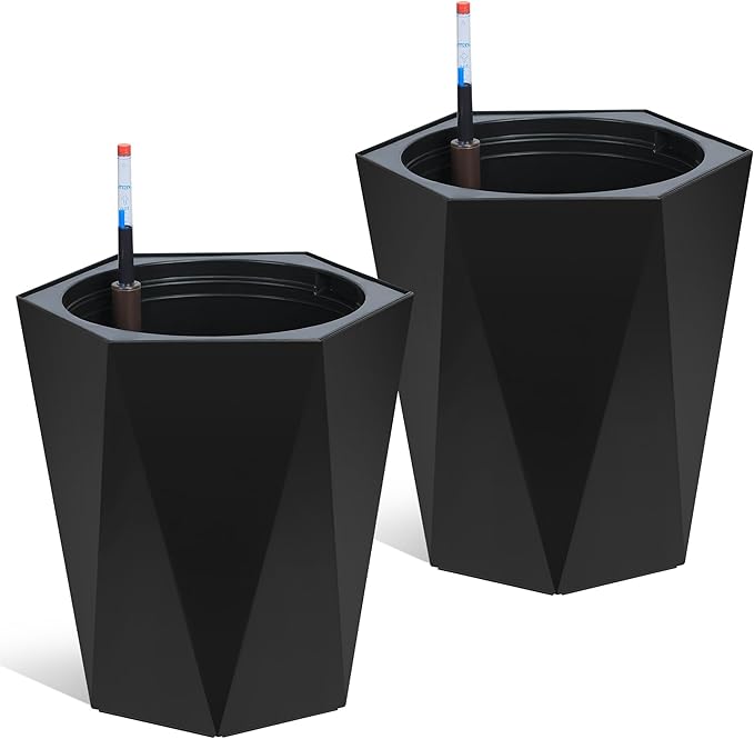Set of 2 Tall Planters for Outdoor Plants, 16" Large Planter Pots with Drainage Holes & Water Level Monitor, Self-Watering Flower Pots for Patio, Porch, Garden, Front Door Decor, Indoor Outdoor