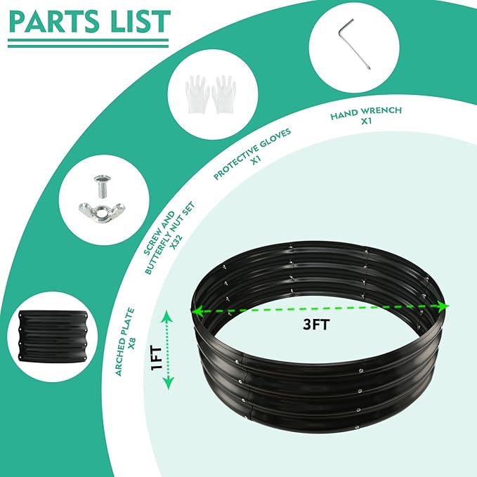 3FT Diameter Galvanized Garden Raised Bed/Plant Box/Fire Pit Ring - 0.8mm Thick,12 Inch Tall,Perfect for Planting a Variety of Flowers,Herbs,Vegetables (Black, 36 Dia X 11.5 inches)
