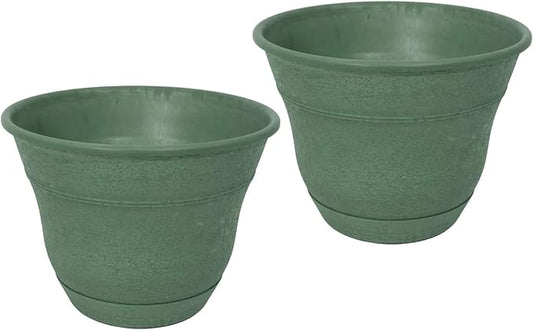 Bernini FirmaStone 15" Self-Watering Planters, Set of 2 – Durable Indoor/Outdoor Pots with Drainage Plug & Built-in Reservoir – Lightweight Garden Planters for Patio, Porch, Balcony (Green)