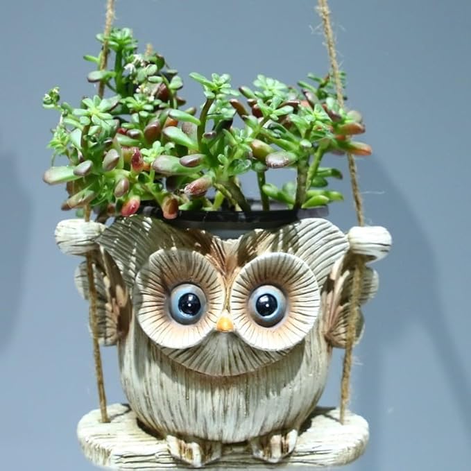 Hanging Planter for Indoor/Outdoor Plant - Swinging owl Planter Pot for Succulents, Small Plants (Animal Home Decor) (White owl)