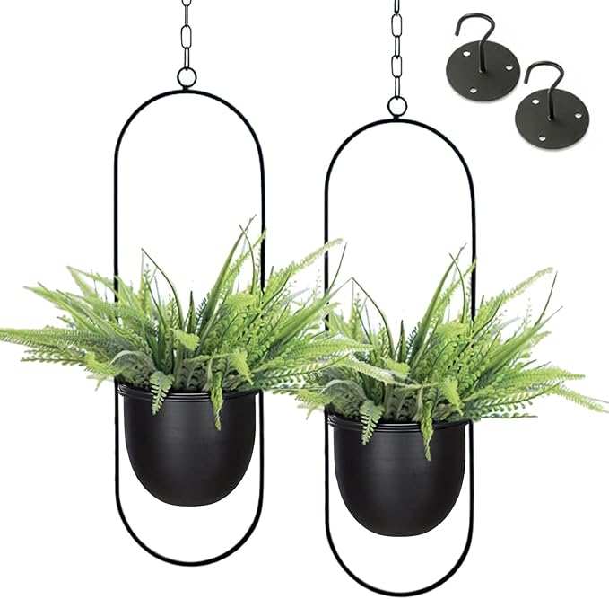 Shineloha 2 Pack Hanging Planters for Indoor Plants with 5.5" Pot + Ceiling Hook | Black Hanging Planter, Metal Plant Hanger, NO Plant incld