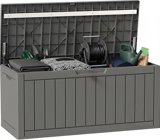 EAST OAK Outdoor Storage Box, 90 Gallon Deck Box, Water-Resistant Resin Storage Bin for Patio Cushions, Gardening Tools, UV Resistant, Lockable, Grey