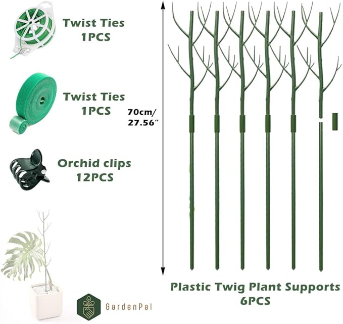 GardenPal 27.56" 6 Pack Detachable Twig Plant Support Stakes, Branch Sticks with Orchid Clips and Twist Ties, Blends with Plants - Ideal Plant Stakes for Indoor/Outdoor Use