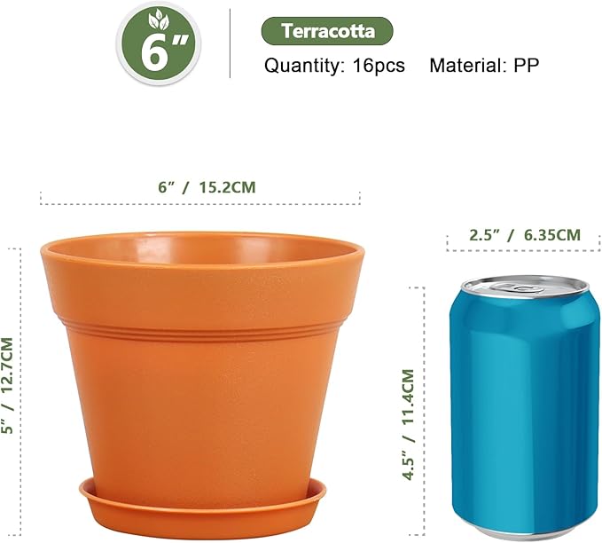6 inch Plastic Nursery Pots, 16 Pack Plant Pots for Indoor Outdoor Plants, Flower Pots with Drainage Holes and Saucers, Decorative Seedling Starter Planters for House Plants, Terracotta