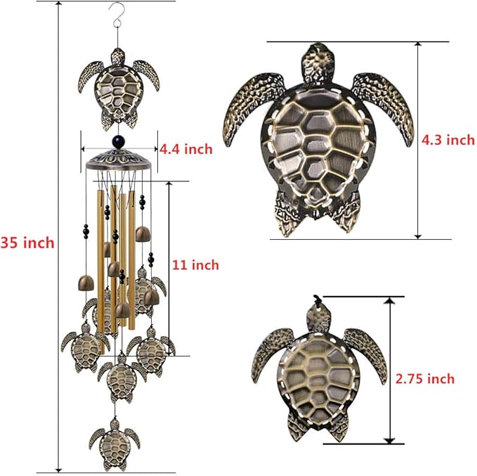 Garden Sea Turtle Wind Chimes Outdoor Decor - with 4 Tubes 6 Bells 7 Turtles Mobile Romantic Wind Catcher, Tortoise Wind Chime for Home, Xmas Mom Gifts, Festival, Balcony, Tree, Garden Decoration