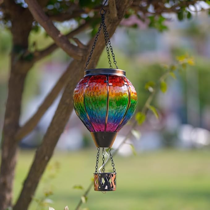 DREAMSOUL 2 PCS Solar Hot Air Balloon Lantern with Flame, Glass Hanging Solar Lanterns Outdoor Waterproof for Lawn Patio Porch Decor
