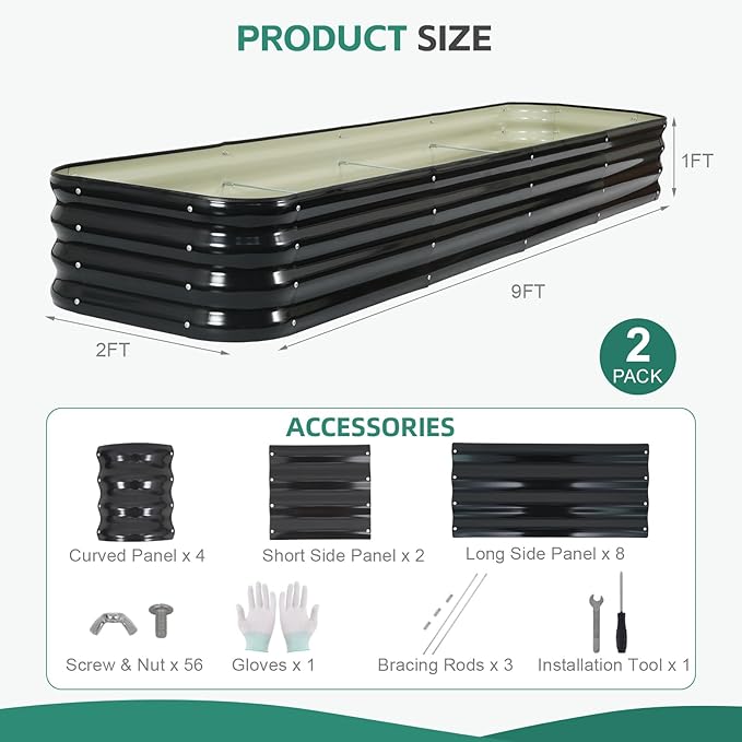 6 in 1 Galvanized Raised Garden Bed - 9x2x1ft (2Packs) Modular Planter Box Outdoor | Metal Raised Bed Kit with Bracing Rods for Gardening Vegetables Flowers Fruits Herbs (Dark Grey)