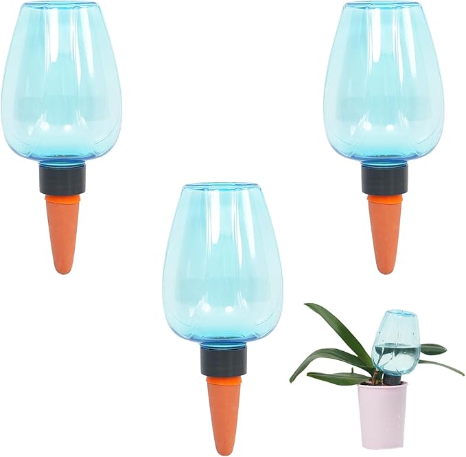 3pcs Plant Self Watering Globes, Plastic Water Bulbs Top Fill, 12.3 oz Plant Watering Devices System Slow Release Terracotta, Water Spikes Stakes for Indoor (Blue-3pack)