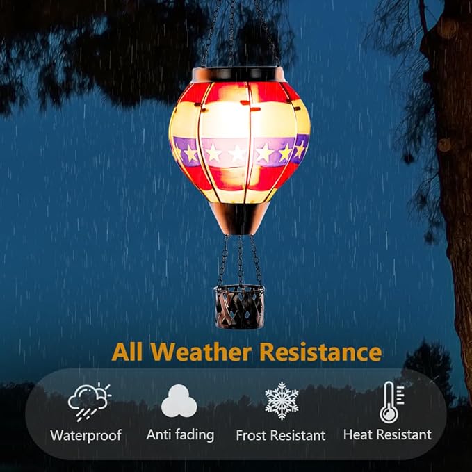 DREAMSOUL Flag Solar Hot Air Balloon Lantern with Flame, Hanging Solar Lanterns Outdoor Waterproof Glass Lantern Flag Day for Patio Decor, Fourth of July Decorations