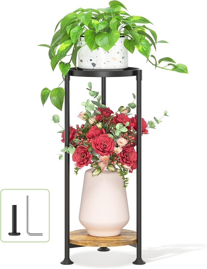 LASZOLA 2 Tier Black Plant Stand Indoor for Large Tall Heavy Duty Flower Planter, Metal Vertical Multi Level Rack for Narrow Floor Corner, Sturdy Round Holder Organizer, Modern, Mid Century, Farmhouse