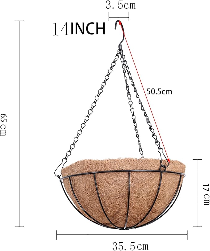 Outdoor Metal Hanging Planters Basket (4pack, 14 inch) Hanging Baskets for Plants Chain Round Wire Plant Holder with Coco Fiber Liners for Garden, Patio, Deck, Porch