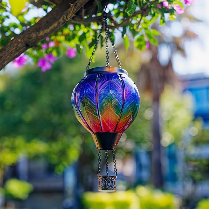 DREAMSOUL Hot Air Balloon Solar Lantern, Glass Outdoor Lantern Hanging Solar Lanterns Outdoor Waterproof for Patio Porch Garden Decor