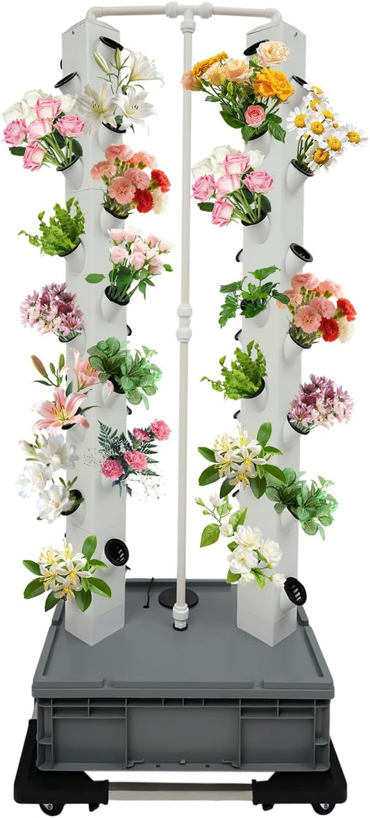 56-Plant Hydroponic Tower Growing System Indoor Outdoor, Garden Vertical Planter Germination Kit with Pump & Wheels, Hydroponics Growing Tower, Smart Vertical Hydroponic Garden Towers, Grey Base