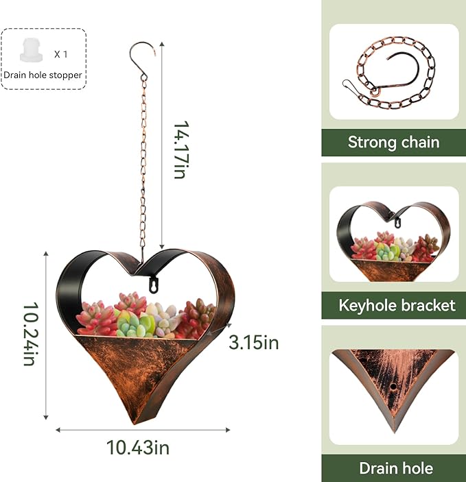 Metal Hanging Planters for Indoor and Outdoor Plants,Rustic Heart Shape Plant Hangers for Wall or Window,Metal Plant Hanger for Room Decor，Plant Lover Gifts,Living Room,Balcony,Garden,Patio Decor