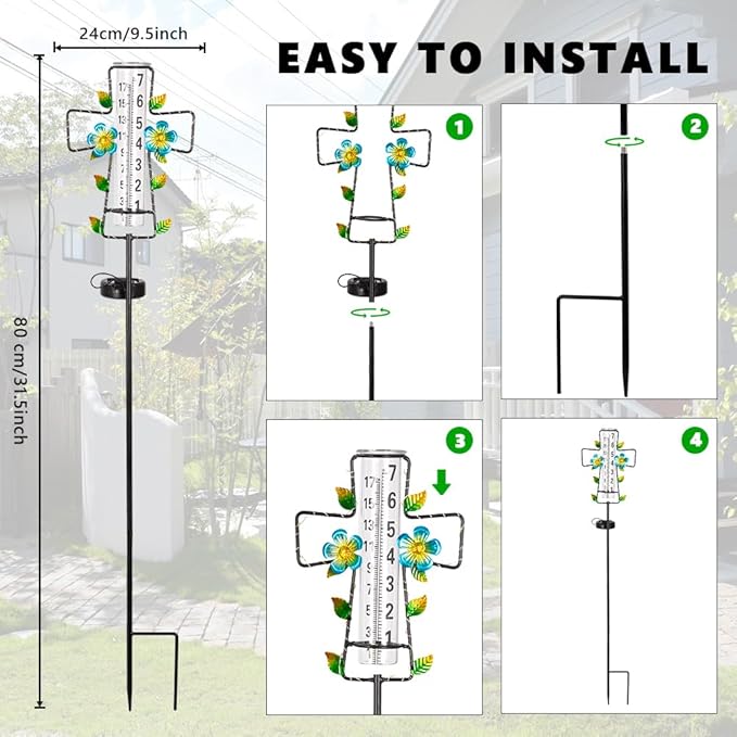 Solar Rain Gauge Outdoor with LED Lights,7” Glass Tube Rain Gauge Yard Decorative,Cross Rain Guage Freeze Proof for Garden Patio Lawn