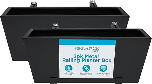 BIRDROCK HOME 2pk Metal Railing Planter Box | Flower Boxes for Deck Railings | Adjustable Rail Hanging Bracket | Black Balcony Boxes | House Apartment Plant Pot