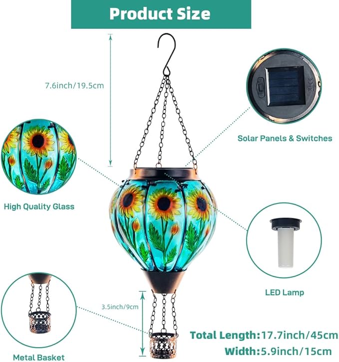 Starsoul Sunflower Hot Air Balloon Solar Lantern Glass Outdoor Hot Air Balloon Solar Flickering Flame Light Waterproof Hanging Lamp Garden Patio Yard Party Decor
