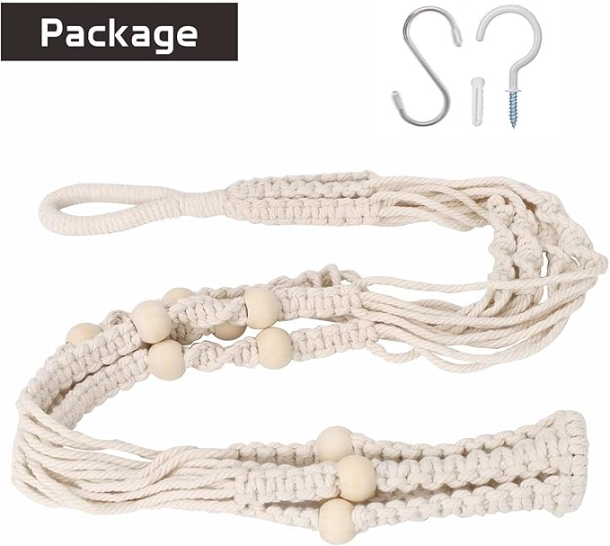 Macrame Plant Hanger Indoor, 23" No Tassel Hanging Plant Holder, Sturdy Flower Pot Holder with 2 Hooks - Ivory (Pot NOT Included)