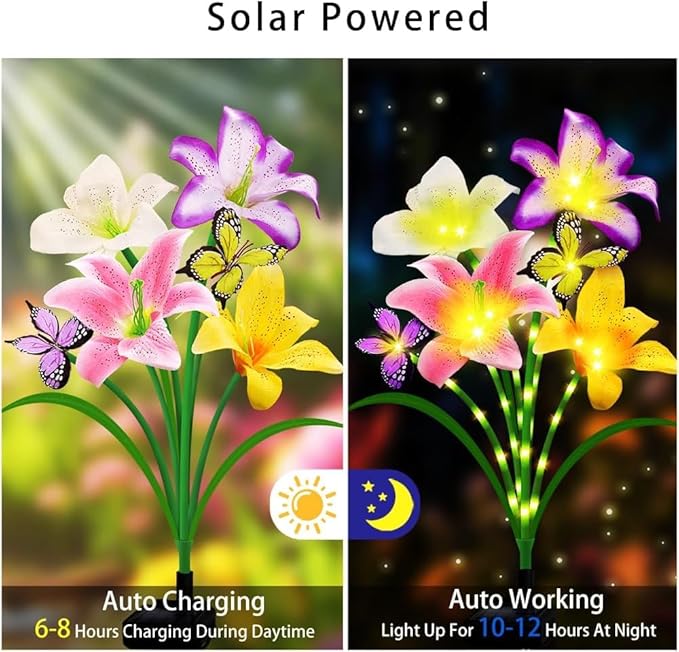 4 Pack Solar Garden Lights LED Solar Lilies Flower Lights, Yard Patio Pathway Decoration High Flexibility Copper Wire Handmade Silk Artificial Flowers Never Wither, Gift for Family Friends