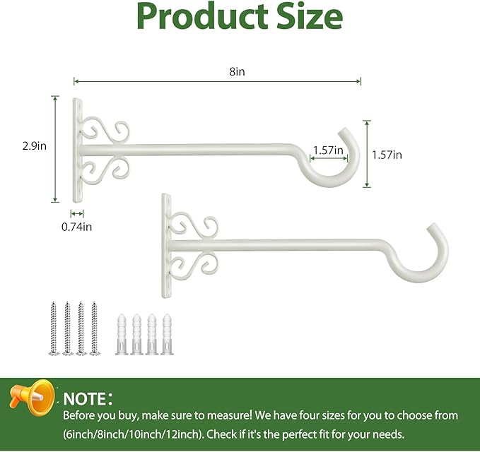 BOLITE Plant Hangers, 8 Inch Plant Hooks for Wall Indoor Outdoor, Metal Hooks for Hanging Hummingbird Feeders, Bird Feeders, Planters, Lanterns, Wind Chimes, 2 Pack, White, Gifts for Women Men